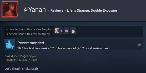 Screenshot showing a Steam review for Life is Strange: Double Exposure.